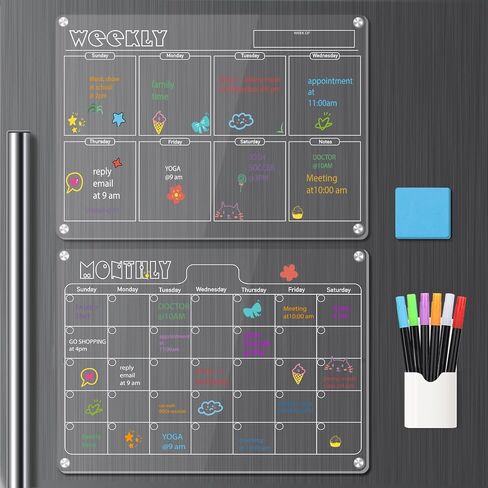 Hivillexun 16.5"x12" Clear Acrylic Magnetic Dry Erase Board with Monthly & Weekly Planner and Daily Notepads, 6 Markers & Large Eraser for Refrigerator Organization (Blcak) in Saudi Arabia