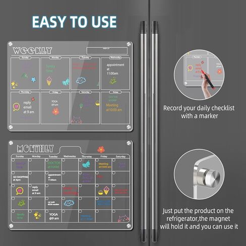 Hivillexun 16.5"x12" Clear Acrylic Magnetic Dry Erase Board with Monthly & Weekly Planner and Daily Notepads, 6 Markers & Large Eraser for Refrigerator Organization (Blcak) in Saudi Arabia