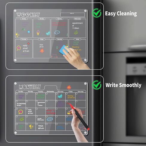 Hivillexun 16.5"x12" Clear Acrylic Magnetic Dry Erase Board with Monthly & Weekly Planner and Daily Notepads, 6 Markers & Large Eraser for Refrigerator Organization (Blcak) in Saudi Arabia