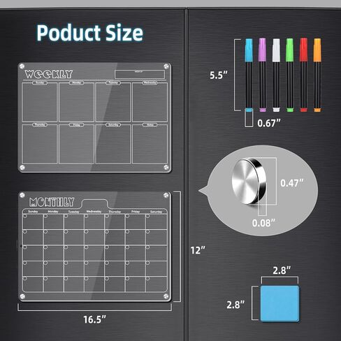 Hivillexun 16.5"x12" Clear Acrylic Magnetic Dry Erase Board with Monthly & Weekly Planner and Daily Notepads, 6 Markers & Large Eraser for Refrigerator Organization (Blcak) in Saudi Arabia