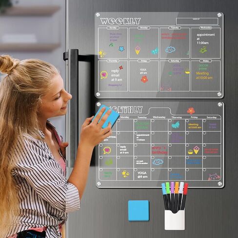 Hivillexun 16.5"x12" Clear Acrylic Magnetic Dry Erase Board with Monthly & Weekly Planner and Daily Notepads, 6 Markers & Large Eraser for Refrigerator Organization (Blcak) in Saudi Arabia