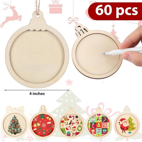 Gerrii 30 Pcs Christmas Wooden Ornaments to Paint 4 Inch DIY Unfinished Blank Round Wood Cutouts Wooden Discs Slices Hanging Ornaments for Christmas Holiday Xmas Tree Decoration DIY Crafts in 5 Shapes in Saudi Arabia