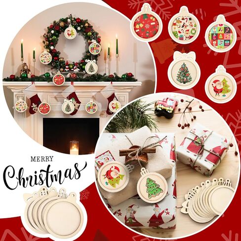Gerrii 30 Pcs Christmas Wooden Ornaments to Paint 4 Inch DIY Unfinished Blank Round Wood Cutouts Wooden Discs Slices Hanging Ornaments for Christmas Holiday Xmas Tree Decoration DIY Crafts in 5 Shapes in Saudi Arabia