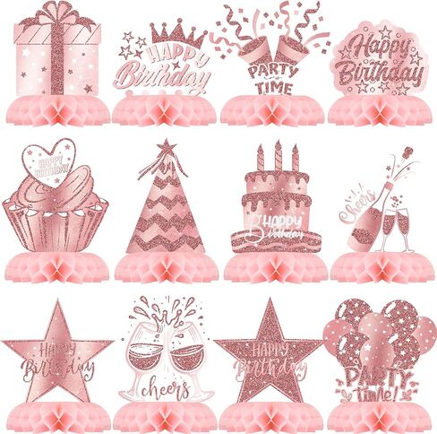 Pink Rose Gold Party Decorations, 12Pcs Pink Rose Gold Honeycomb Birthday Decorations, Elegant Rose Gold Table Toppers Party Decorations for Women, Perfect Birthday Table Decorations in Saudi Arabia