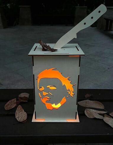 حامل شموع فانوس خشبي لطاولة الهالوين، وجه مايكل مايرز، شخصيات فيلم رعب الهالوين، قطعة مركزية خشبية جاك أو فانوس مخيف، قطعة مركزية لطاولة الهالوين لمستلزمات حفلات الهالوين in Kuwait