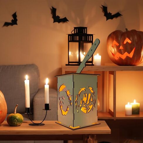 حامل شموع فانوس خشبي لطاولة الهالوين، وجه مايكل مايرز، شخصيات فيلم رعب الهالوين، قطعة مركزية خشبية جاك أو فانوس مخيف، قطعة مركزية لطاولة الهالوين لمستلزمات حفلات الهالوين in Kuwait