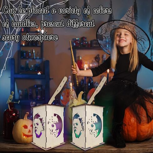 حامل شموع فانوس خشبي لطاولة الهالوين، وجه مايكل مايرز، شخصيات فيلم رعب الهالوين، قطعة مركزية خشبية جاك أو فانوس مخيف، قطعة مركزية لطاولة الهالوين لمستلزمات حفلات الهالوين in Kuwait