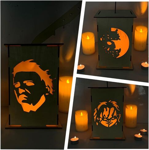 حامل شموع فانوس خشبي لطاولة الهالوين، وجه مايكل مايرز، شخصيات فيلم رعب الهالوين، قطعة مركزية خشبية جاك أو فانوس مخيف، قطعة مركزية لطاولة الهالوين لمستلزمات حفلات الهالوين in Kuwait