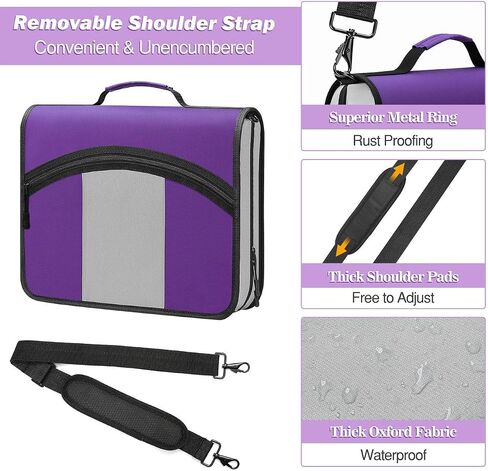 MoKo Zipper Binder, 3 inch 3 Ring Binder with Zipper, 600 Sheet Capacity Oxford Cloth Multi-Pocket School Binder Organizer, Handle and Shoulder Strap Included, Purple & Gray in Saudi Arabia