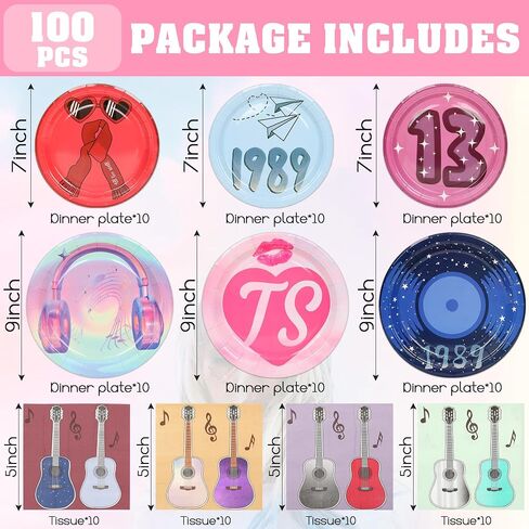 TS Birthday Themed Party Supplies for 30 Guests - 100PCS Music Party Tableware Decorations Including Paper Plates Napkins for Girls Fans Birthday Party, 9 inch in Saudi Arabia