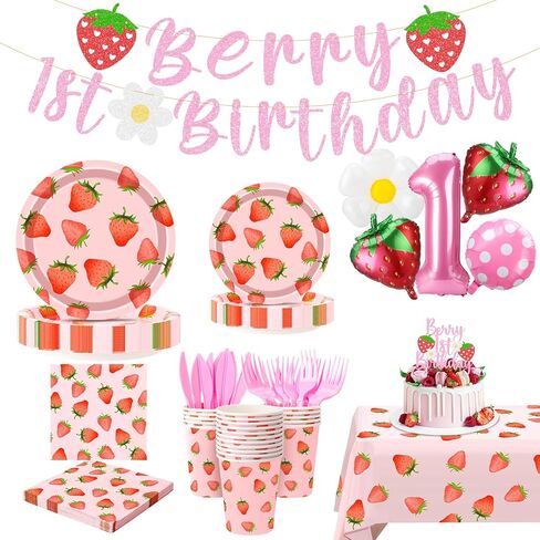 ديكور عيد الميلاد الأول من بيري، تتضمن زينة عيد الميلاد الأولى بالفراولة أطباق وأكواب ومناديل وأدوات مائدة ومفرش طاولة ولافتة وبالون وغطاء للكيك ومستلزمات حفلات عيد ميلاد الفراولة in Kuwait