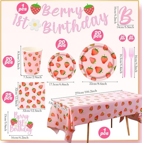 ديكور عيد الميلاد الأول من بيري، تتضمن زينة عيد الميلاد الأولى بالفراولة أطباق وأكواب ومناديل وأدوات مائدة ومفرش طاولة ولافتة وبالون وغطاء للكيك ومستلزمات حفلات عيد ميلاد الفراولة in Kuwait