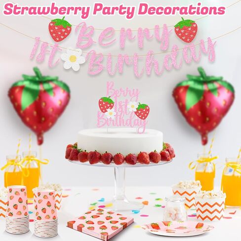 ديكور عيد الميلاد الأول من بيري، تتضمن زينة عيد الميلاد الأولى بالفراولة أطباق وأكواب ومناديل وأدوات مائدة ومفرش طاولة ولافتة وبالون وغطاء للكيك ومستلزمات حفلات عيد ميلاد الفراولة in Kuwait