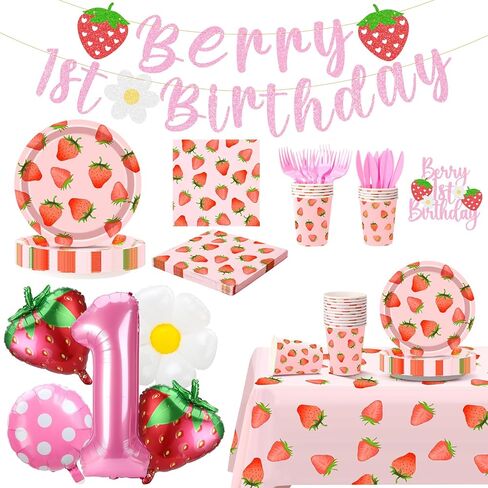ديكور عيد الميلاد الأول من بيري، تتضمن زينة عيد الميلاد الأولى بالفراولة أطباق وأكواب ومناديل وأدوات مائدة ومفرش طاولة ولافتة وبالون وغطاء للكيك ومستلزمات حفلات عيد ميلاد الفراولة in Kuwait