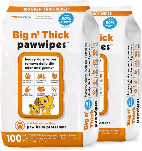 Petkin Big N' Thick Paw Wipes for Dogs, 100 Large Wipes - Clean Dirty Paws After Muddy Walks, with Paw Balm Protectant - Keep Floors and Furniture Clean - Ideal for Home or Travel - Orange Scent in Saudi Arabia