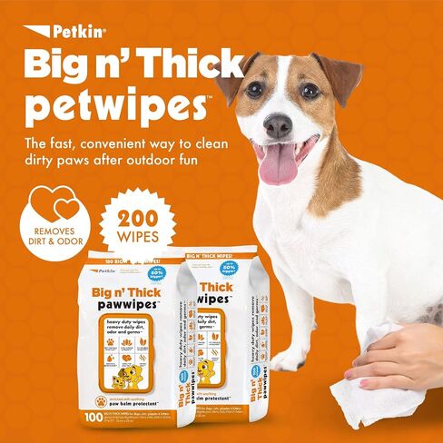 Petkin Big N' Thick Paw Wipes for Dogs, 100 Large Wipes - Clean Dirty Paws After Muddy Walks, with Paw Balm Protectant - Keep Floors and Furniture Clean - Ideal for Home or Travel - Orange Scent in Saudi Arabia