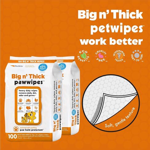 Petkin Big N' Thick Paw Wipes for Dogs, 100 Large Wipes - Clean Dirty Paws After Muddy Walks, with Paw Balm Protectant - Keep Floors and Furniture Clean - Ideal for Home or Travel - Orange Scent in Saudi Arabia