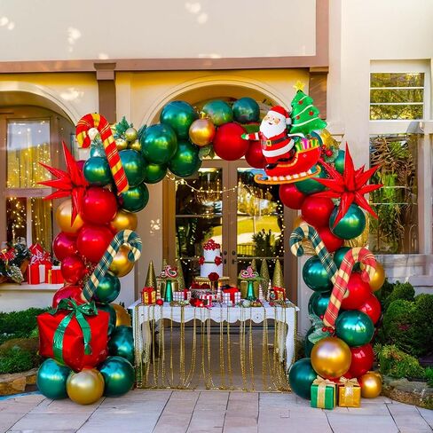 Merry Christmas Balloon Garland Arch Kit Emerald Green red and chrome gold balloos with Christmas Tree Santa Candy Cane Star 4D Square gift Mylar Foil Balloons for Winter Christmas Eve Decorations in Kuwait