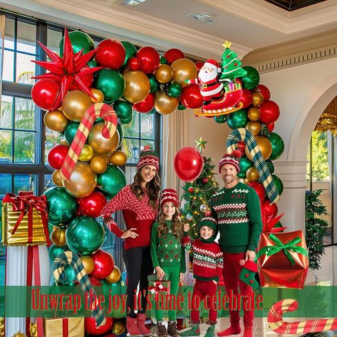 Merry Christmas Balloon Garland Arch Kit Emerald Green red and chrome gold balloos with Christmas Tree Santa Candy Cane Star 4D Square gift Mylar Foil Balloons for Winter Christmas Eve Decorations in Kuwait