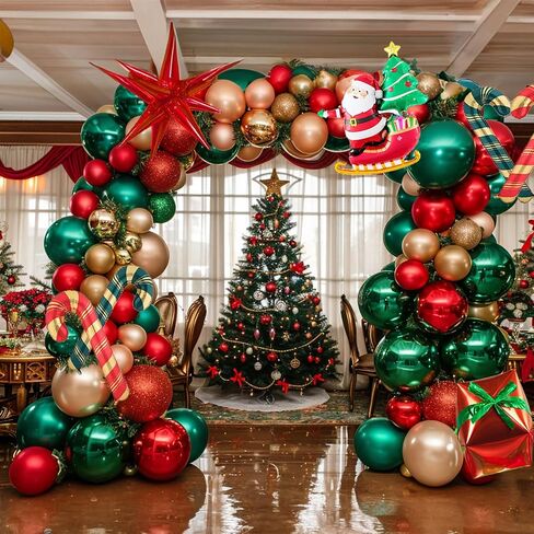Merry Christmas Balloon Garland Arch Kit Emerald Green red and chrome gold balloos with Christmas Tree Santa Candy Cane Star 4D Square gift Mylar Foil Balloons for Winter Christmas Eve Decorations in Kuwait
