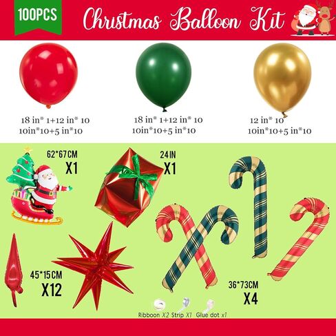 Merry Christmas Balloon Garland Arch Kit Emerald Green red and chrome gold balloos with Christmas Tree Santa Candy Cane Star 4D Square gift Mylar Foil Balloons for Winter Christmas Eve Decorations in Kuwait