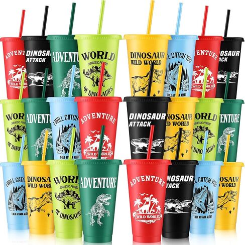 Mifoci 12 Pcs Dinosaur Party Favor Plastic Cup 24 oz Dinosaur Cup with Lids and Straws Set Kids Reusable Plastic Cups Dinosaur Cup Decorations for Beverage Birthday Party Dino Supplies (Colorful) in Saudi Arabia