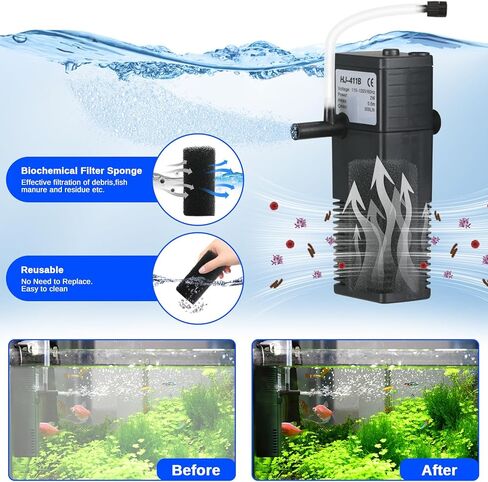 Aquarium Filter Small Betta Fish Tank Filter for 2-15 Gallon Silent 4-in-1 Adjustable Air Flow Fish Turtle Shrimp Tank Filter Submersible Aquarium Internal Filter 79 GPH Biochemical Rainwater in Kuwait