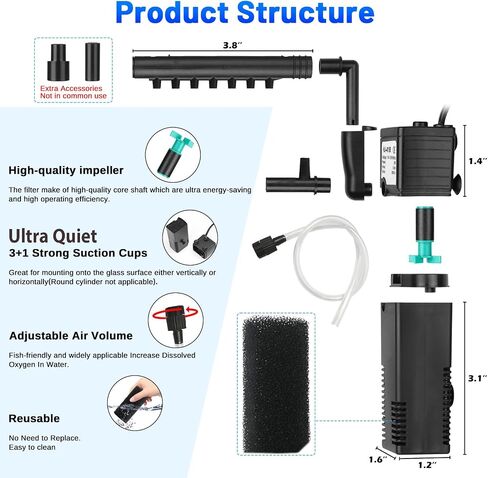 Aquarium Filter Small Betta Fish Tank Filter for 2-15 Gallon Silent 4-in-1 Adjustable Air Flow Fish Turtle Shrimp Tank Filter Submersible Aquarium Internal Filter 79 GPH Biochemical Rainwater in Kuwait