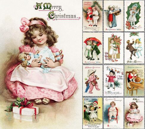 PIXILUV CHRISTMAS PRESENTS (Pack of 12) Notecards Small Greeting Cards # Vintage Santa Claus and Children with Presents ~ Vintage Christmas Postcards Reprint in Saudi Arabia