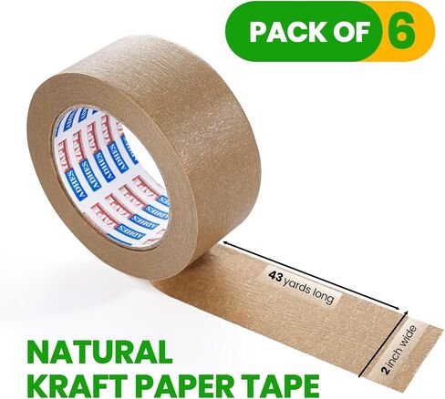 ADHES Heavy Duty Kraft Paper Tape, 2 Inch x 43 Yards, 6 Rolls Eco Friendly & Biodegradable, Writable & Uncoated Brown Packing Tape Paper Packing Tape for Masking, Sealing, and Packaging Use, in Saudi Arabia