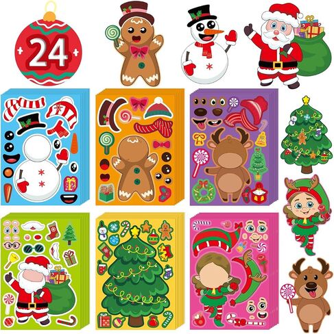 Christmas Stickers for Kids Stocking Stuffers: 24 Sheets Make Sticker Yourself Christmas Santa Snowman Stickers for Kids Christmas Crafts Party Supplies Holiday Stickers Bulk Classroom Activities in Saudi Arabia