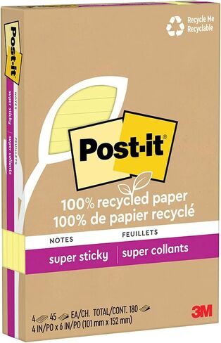 ورق ملاحظات لاصق للغاية معاد تدويره بنسبة 100% من Post-it، 2X قوة الالتصاق، 4x6 بوصة، 4 وسادات، 45 ورقة/وسادة، مجموعة Oasis (4621R-4SST) in Saudi Arabia