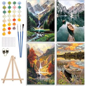 4 Pack Paint by Number Kits for Adults Beginners Framed Canvas, Adult Paint by Number Kits with Easel, Acrylic Easy Paint by Numbers, Boat On Mountains Lake Arts and Crafts for Home Decor-8x12in