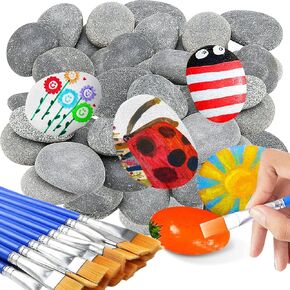 cssopenss 120 Pcs Painting Rocks, 2-3in River Rocks for Painting, 90 Chunk Rocks for Painting & 30Pcs Paint Brushes, Unique Stones for DIY Gifts Art Craft Decor