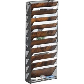 Hanging Wall File Organizer Holder 10 Pockets, Wood Metal Desk Organizer, Wall Mounted Document Magazine Rack for Office Home School, Black