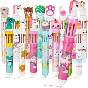 Kosiz 12 Pcs Multicolor Pens 10 in 1 Retractable Ballpoint Pens 0.5 mm Animals Ballpoint Pens Christmas Gift for Students Animal Shaped Design Shuttle Pens for School Supplies for Kids