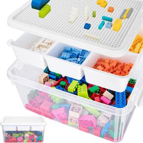 17QT Multipurpose Plastic Storage Box with Baseplate Lid, Stackable Craft Organizers and Storage Containers with Removable Tray, Clear Art Bin Organizer for Building Bricks, Bead (White lid)