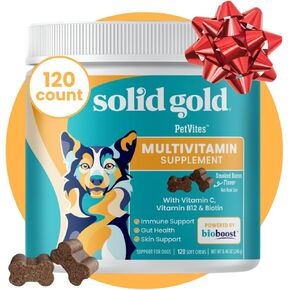 Solid Gold Dog Multivitamin - PetVites Dog Vitamins Chewable Supplement - Vitamin C, A, B12, & E Plus Probiotics & Antioxidants to Promote Immune Health & Digestive Wellness (120 Count)
