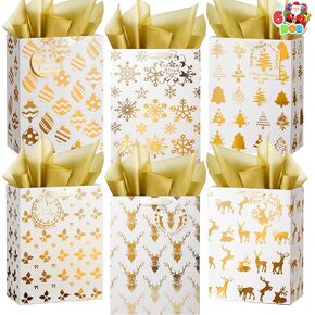 JOYIN 6 PCS present Bags with Tissue Papers, 8" x4.5" x10.5" Xmas Holiday Foil Gold Paper Bags, 6 Winter Prints Designs for Gifts Party Supplies Decor, Xmas Goody Treat Candy Bags