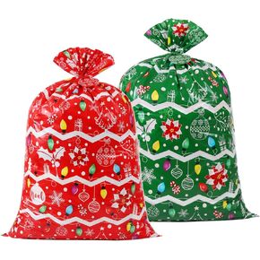 2 Pcs Large Christmas Gift Bags Extra Huge Plastic Gift Bag 48"x36" Jumbo Present Bag Xmas Big Gift Wrapping Bags XL Oversized Holiday Birthday Party Favors Red Green Noel