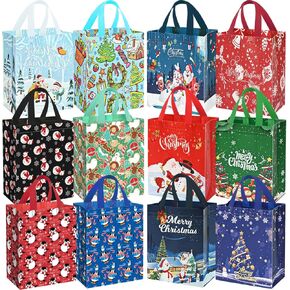 DECHISY 12Pack Small Christmas Gift Bags, Non-woven Reusable Christmas Bags,12 Different Style Christmas Tote Bags with Handles, Holiday Gift Bags for Christmas Presents, Kids, Xmas Party Favors