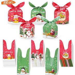 Lanfixilly Christmas Treats Bags,Christmas Party Candy Bags 100pcs Rabbit Ear Xmas Goodie Bags,5 Different Design Candy Wrapping Bags,for Christmas Party Snack Bags Presents Cookies Bags