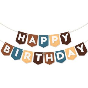 Boho Happy Birthday Banner Pre-Strung Brown Blue Felt Hanging Banner Easy to Hang Bunting Garland for Boy Girl Birthday Party Backdrop Decor