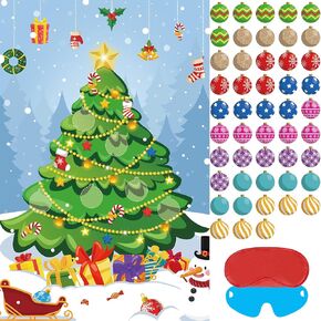 Christmas Game Pin The Christmas Ball on The Christmas Tree with 48Pcs Balls, Pin The Christmas Game, Christmas Tree Poster for Kids Holiday Party Games New Year Game Favors Birthday Party Supplies