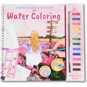 Water Coloring Book – Painting Kits for Kids Ages 5 and up. Watercolor Book with 12 Paint Palettes, 1 Brush, and Guides. Fashion Painting for Girls with 15 Pre-Drawn Models. Gift for Girl Ages 5,6,7,8