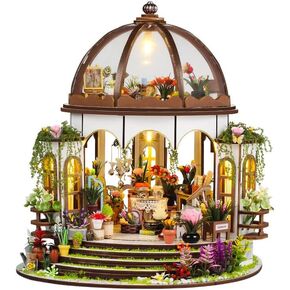 TuKIIE DIY Miniature Dollhouse Furniture Kit, 1:24 Scale Creative Room Wooden Christmas Doll House Accessories Plus Dust Proof & Music Movement for Kids Teens Adults(Rose Garden Tea House)