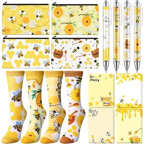 16 Pcs Animal Lover Gifts, Cute Dachshund Sloth Bee Cat Horse Gift, Funny 3x4 Sticky Notepads Pens Makeup Bags Socks Set for Women Animals Gifts Favors Office Supplies(Bee)