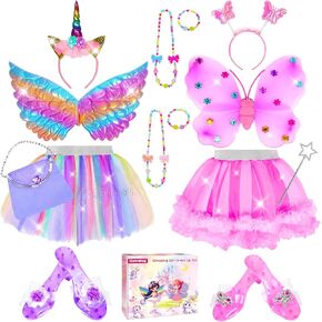 Princess Dress Up for Girls 4-6 With Tutu Shoes Jewelry Unicorn Headband Butterfly Wing Toddler Dress Up Clothes Pretend Play Fairy Costumes Set for Girls Christmas Birthday Gift 3 4 5 6 7 Girl Toys