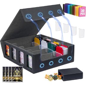 3200+ Trading Card Storage Box,MTG Deck Box MTG Commander Deck Box with Window Dice Tray, TCG Deck Box Commander Deck Box with 4 Card Sleeves & 4 Supporters & 30 Dividers, Black Grey