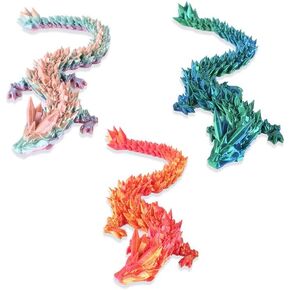 3pcs 12in 3D Printed Crystal Dragon,3D Printed Flexible Articulated Dragon,Home Office Decor Executive Desk Toys, Fidget Toys for Autism/ADHD (Rainbow Red Gold Green)